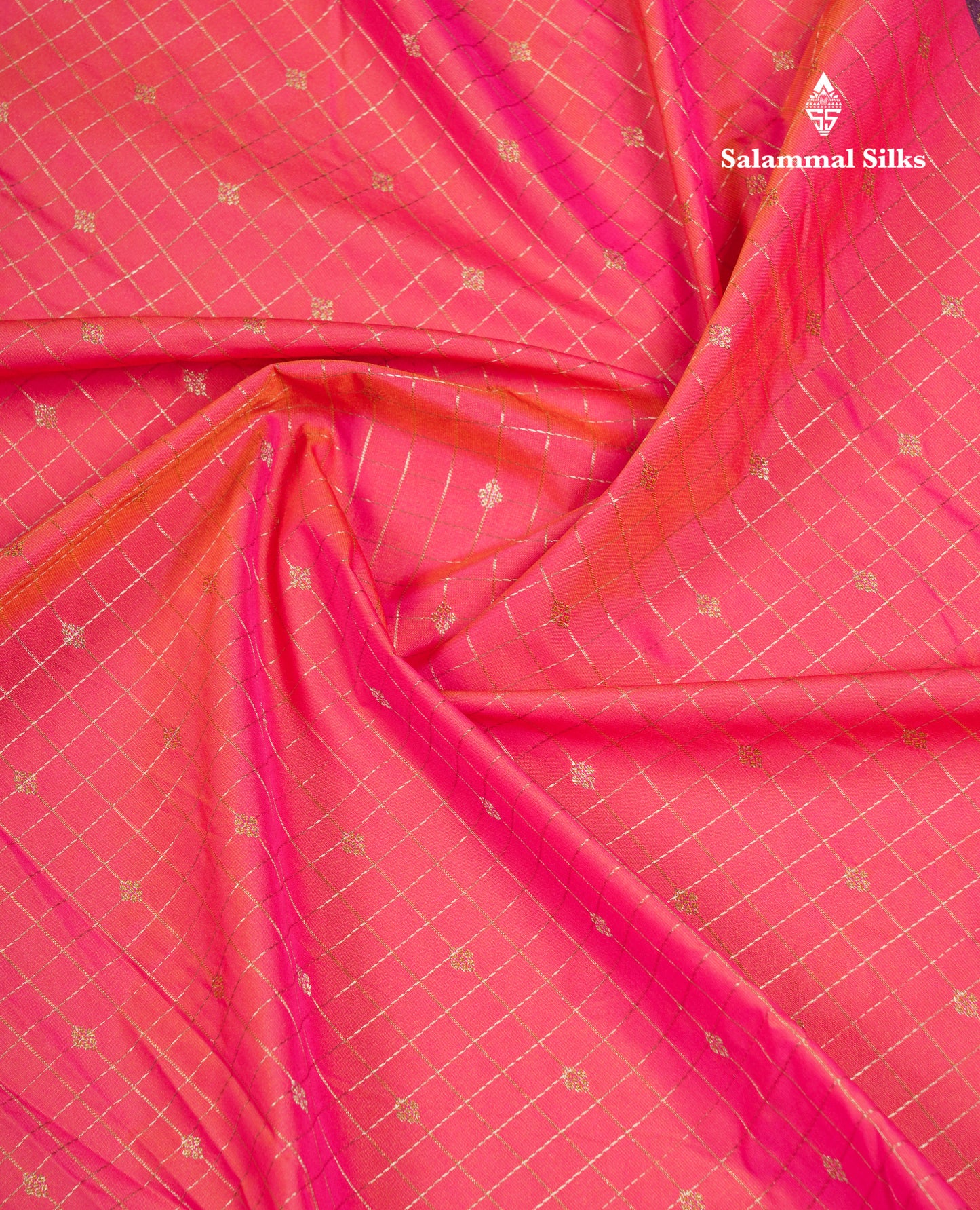 Beautiful Dual Tone Pink Small Zari Checks With Butta Semi Silk Saree With Contrast Violet Border