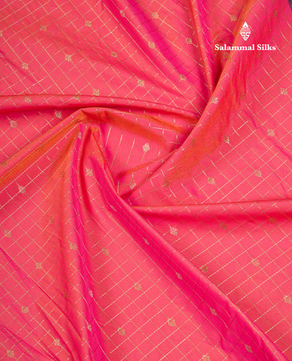 Beautiful Dual Tone Pink Small Zari Checks With Butta Semi Silk Saree With Contrast Violet Border