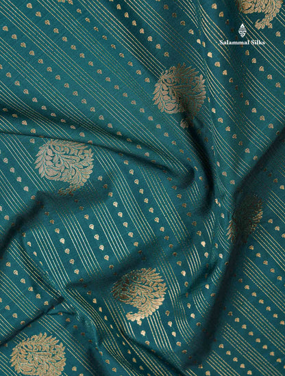 Semi Silk Saree - Bottle Green Butta With Lines Along With Contrast Mustard Yellow Traditional Border