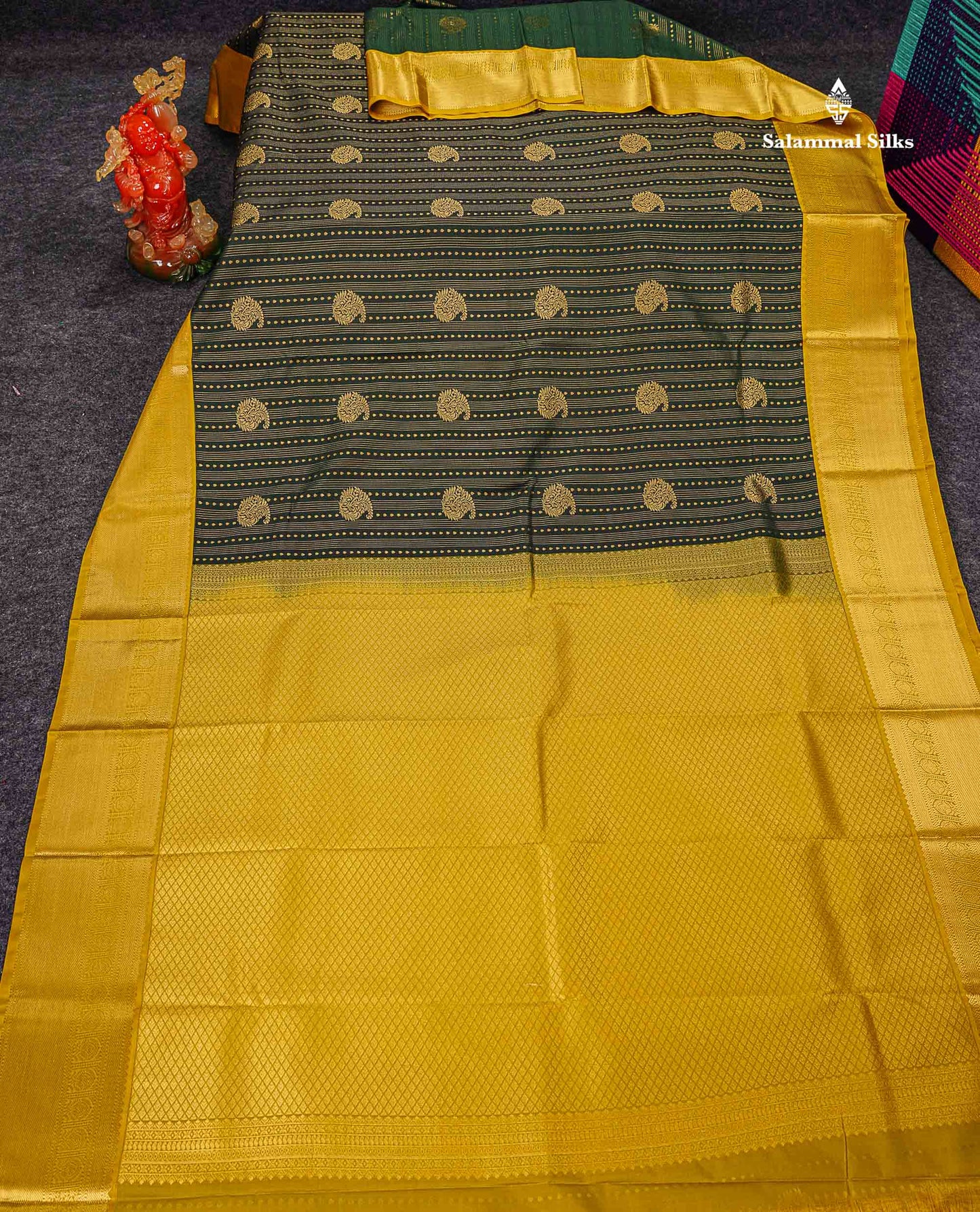 Semi Silk Saree - Bottle Green Butta With Lines Along With Contrast Mustard Yellow Traditional Border