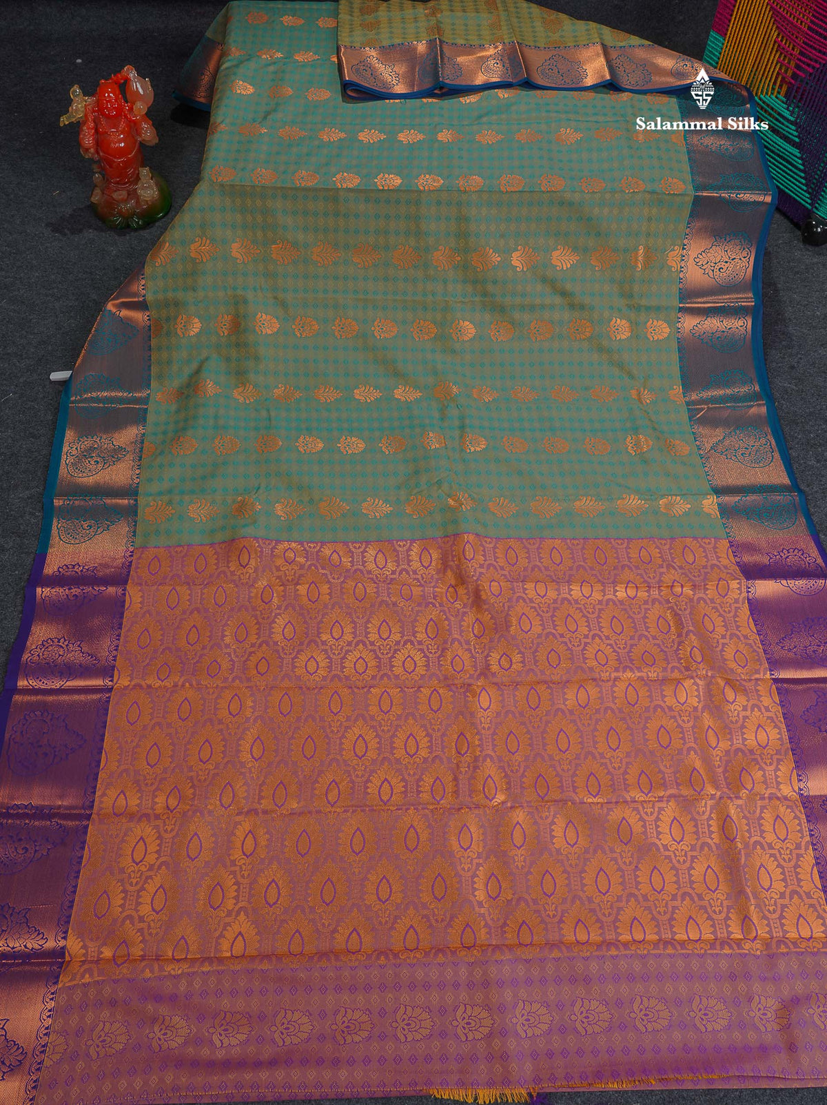 Semi Silk Saree - Sapphire Green Colour Body With Contrast Purple Blouse