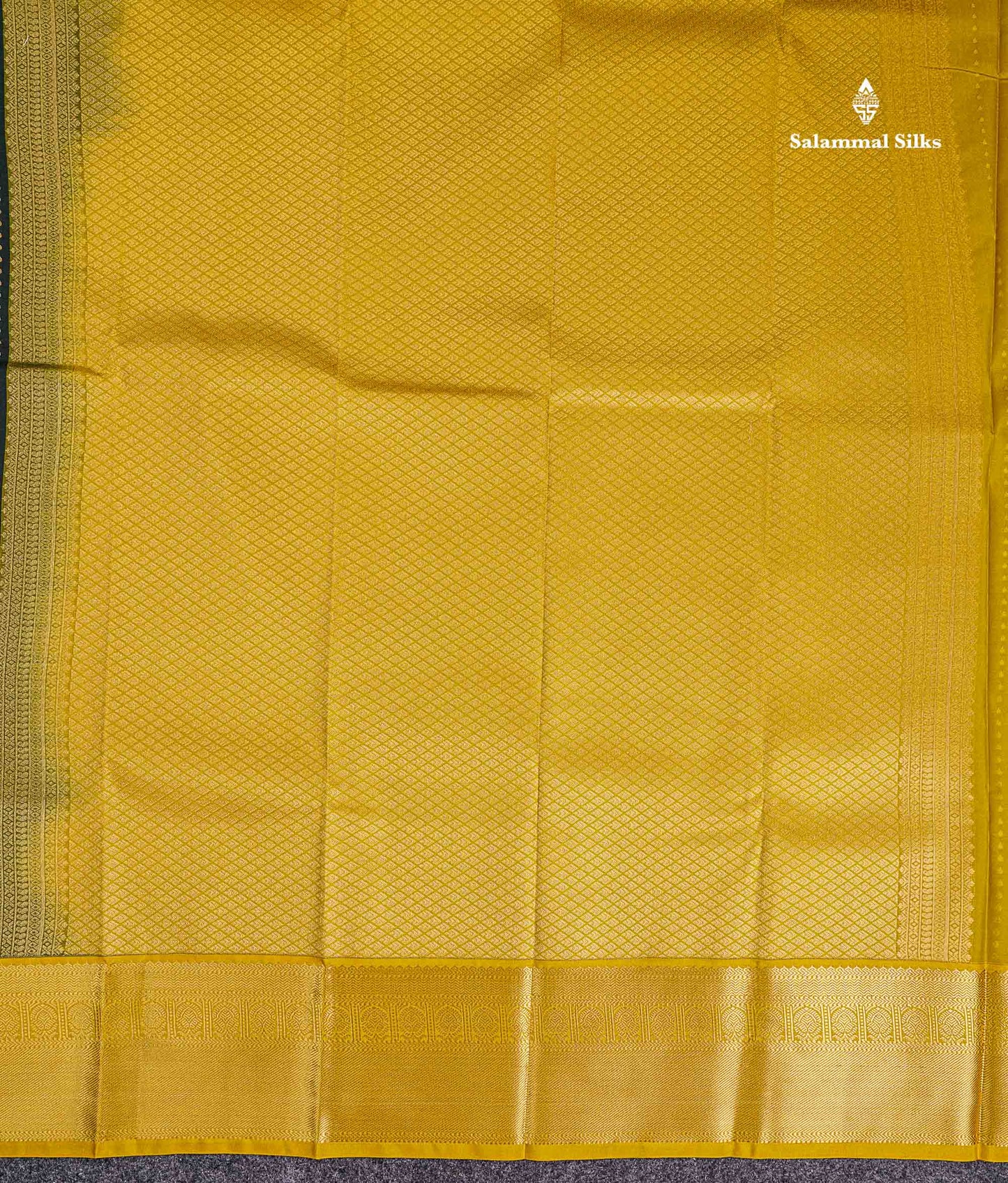 Semi Silk Saree - Bottle Green Butta With Lines Along With Contrast Mustard Yellow Traditional Border