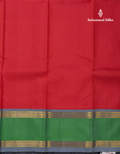 Beautiful Dual Tone Redish Pink Tiny Checks Pure Kanjivaram Silk Saree with Contrast Saffire Green Gap Border