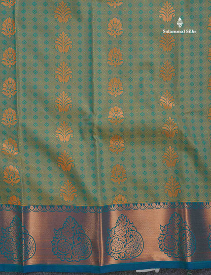 Semi Silk Saree - Sapphire Green Colour Body With Contrast Purple Blouse