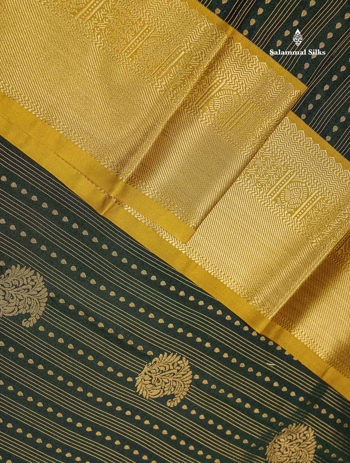 Semi Silk Saree - Bottle Green Butta With Lines Along With Contrast Mustard Yellow Traditional Border