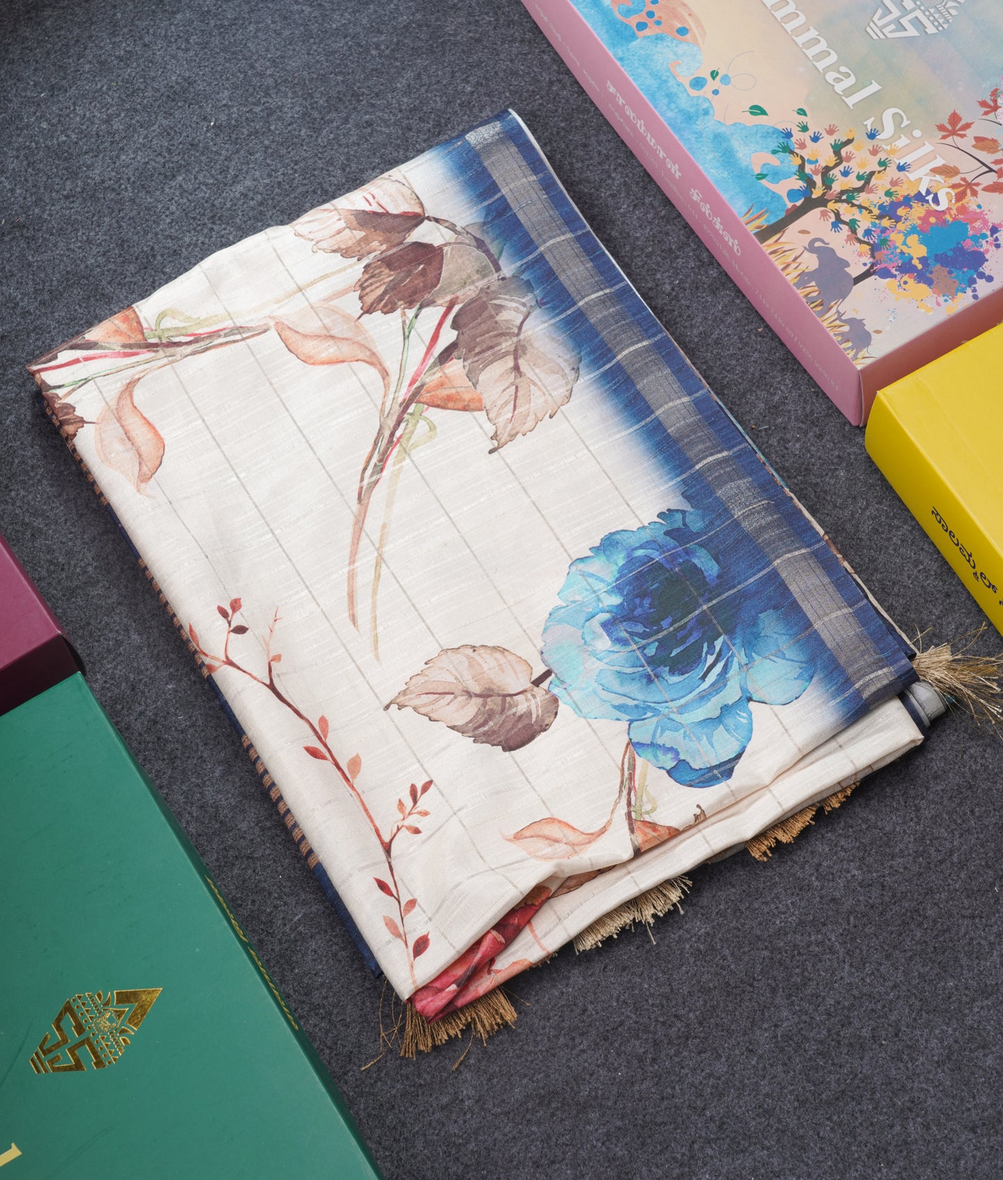 Cream Colour Semi Tussar Saree With Floral Prints & Zari Checks