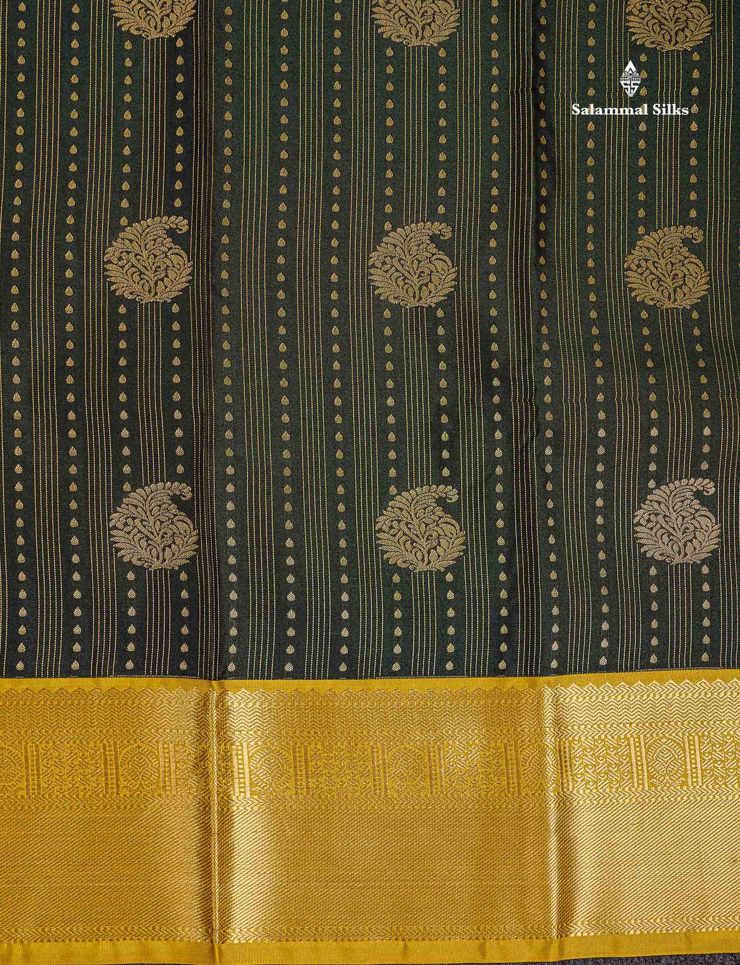 Semi Silk Saree - Bottle Green Butta With Lines Along With Contrast Mustard Yellow Traditional Border