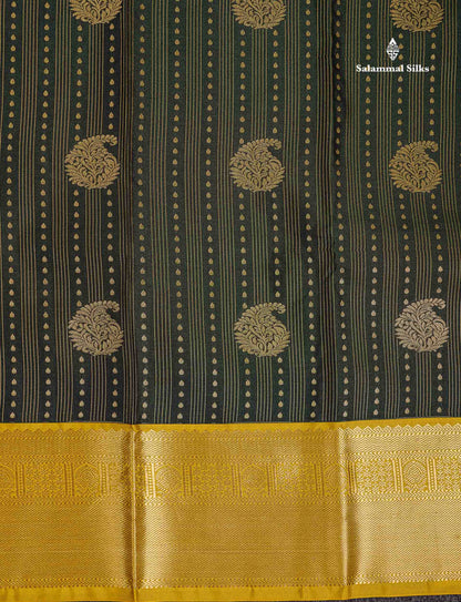 Semi Silk Saree - Bottle Green Butta With Lines Along With Contrast Mustard Yellow Traditional Border