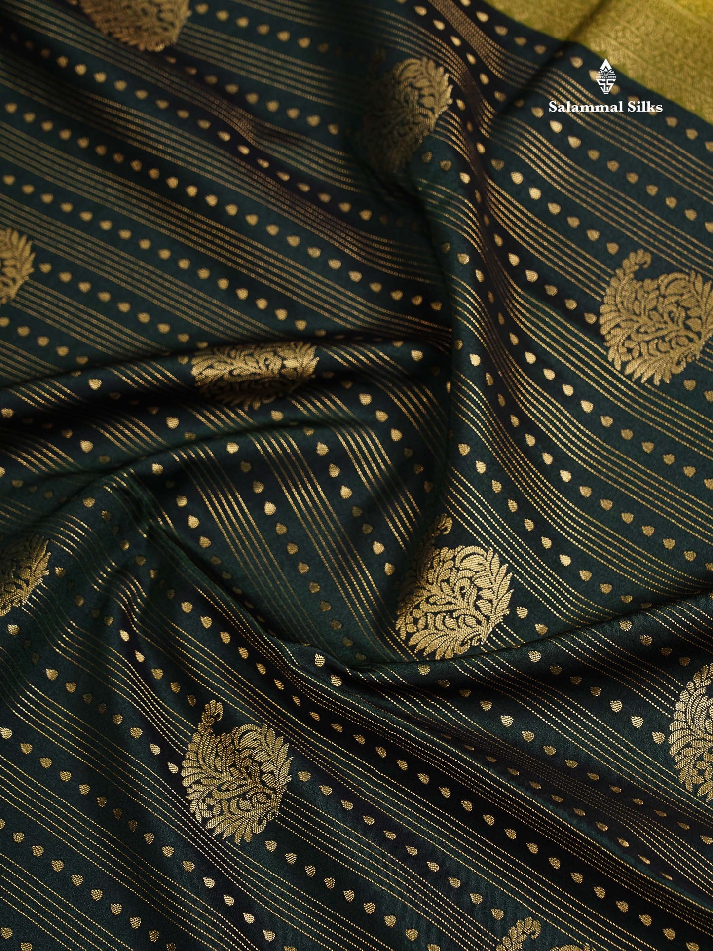 Semi Silk Saree - Bottle Green Butta With Lines Along With Contrast Mustard Yellow Traditional Border