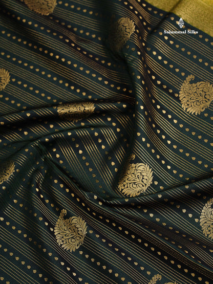 Semi Silk Saree - Bottle Green Butta With Lines Along With Contrast Mustard Yellow Traditional Border