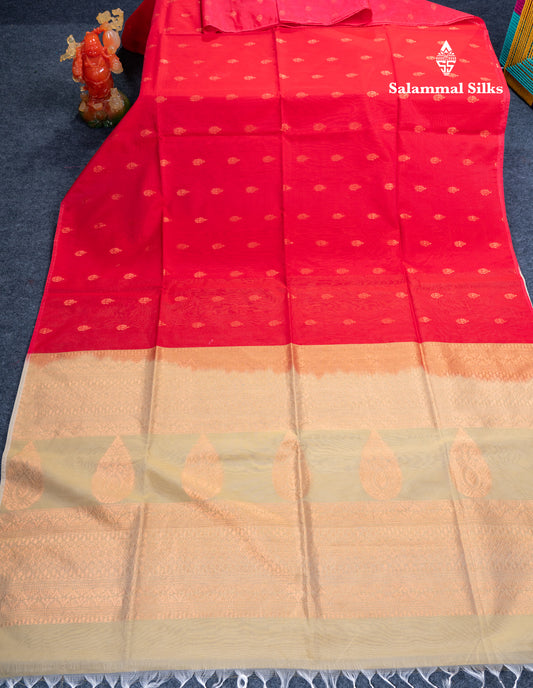 Reddish Pink Beautiful Sico Cotton Saree With Contrast Sandal Blouse