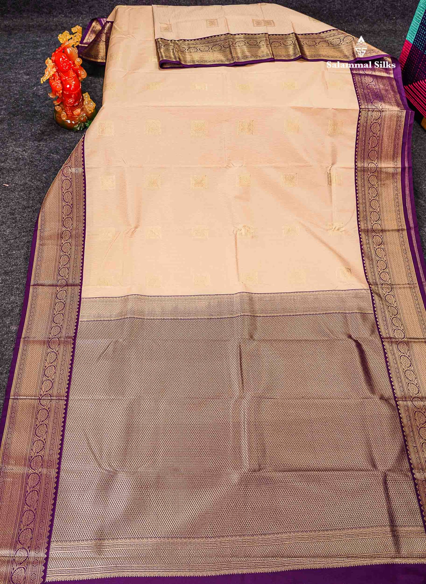 Semi Silk Saree - Rexona Green Butta With Lines Along With Contrast Dark Purple Traditional Border