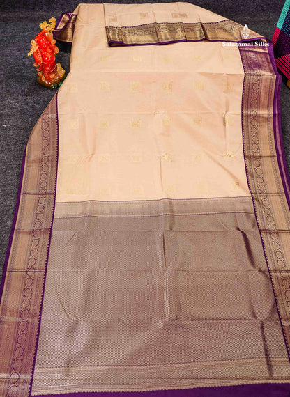 Semi Silk Saree - Rexona Green Butta With Lines Along With Contrast Dark Purple Traditional Border