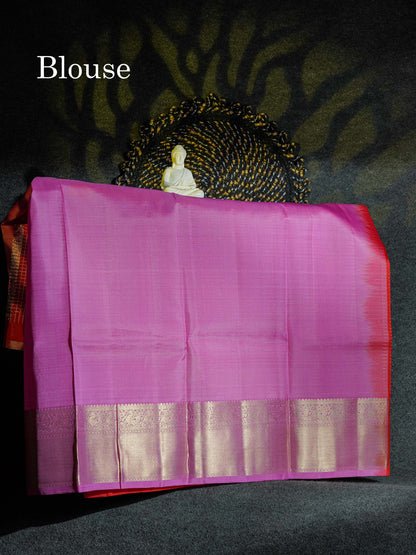 Beautiful Pure Silk Pattu Pavadai Checks (Chilly Reed) With Contrast Light Pink Blouse 45"