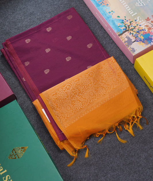 Beautiful Magenta SICO Cotton Saree With Contrast Mustard Yellow Blouse