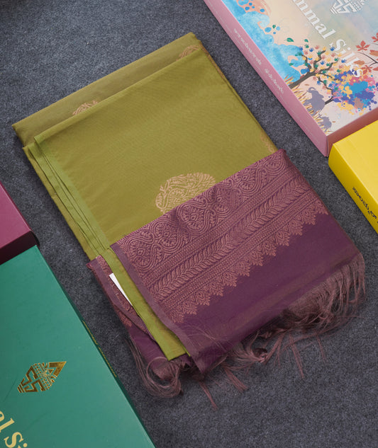 Beautiful Olive Green SICO Cotton Saree With Contrast Magenta Blouse