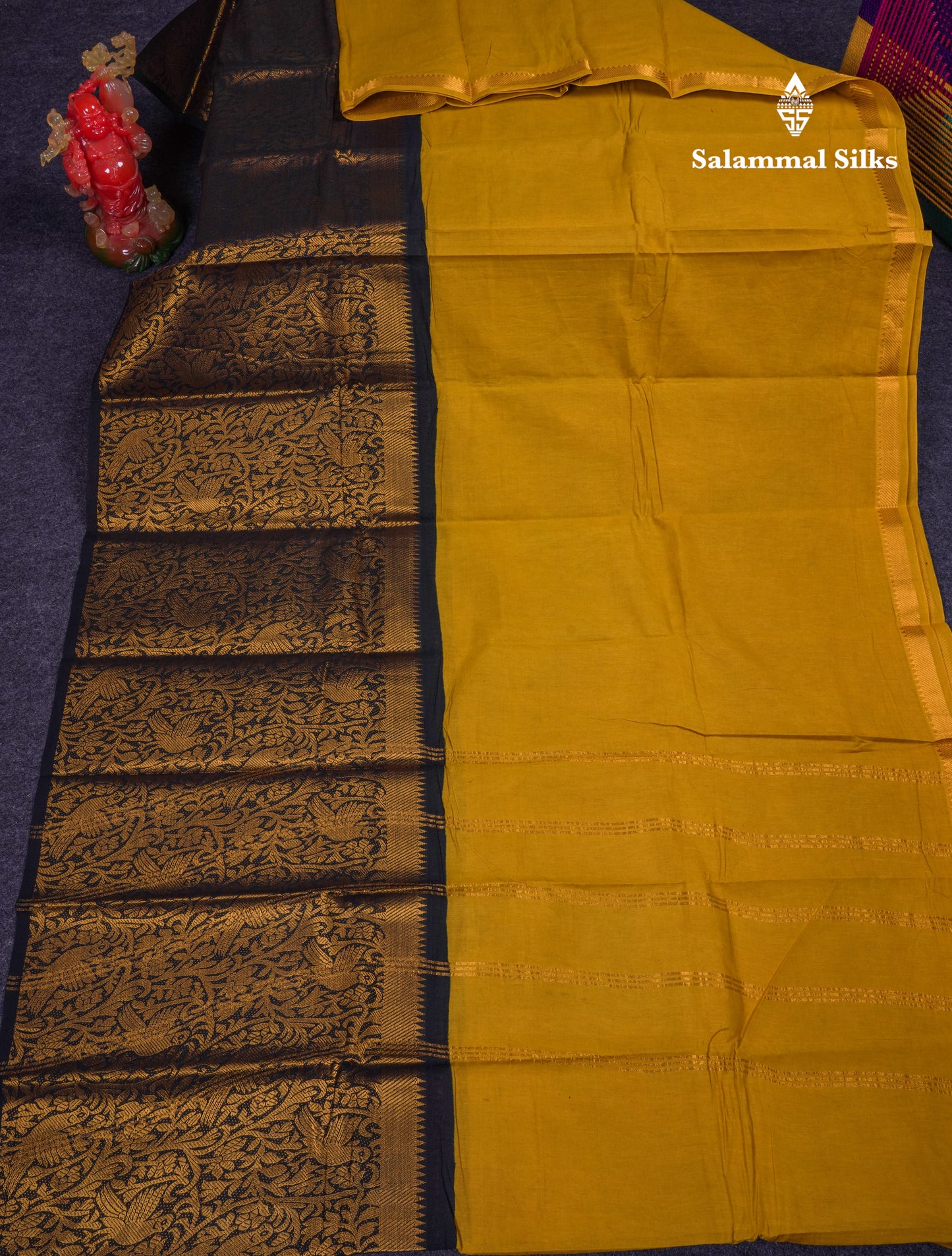Beautiful Manthulir Yellow Plain Sungudi Cotton Saree With Contrast Black Long Border