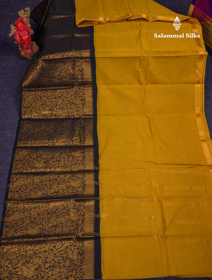Beautiful Manthulir Yellow Plain Sungudi Cotton Saree With Contrast Black Long Border