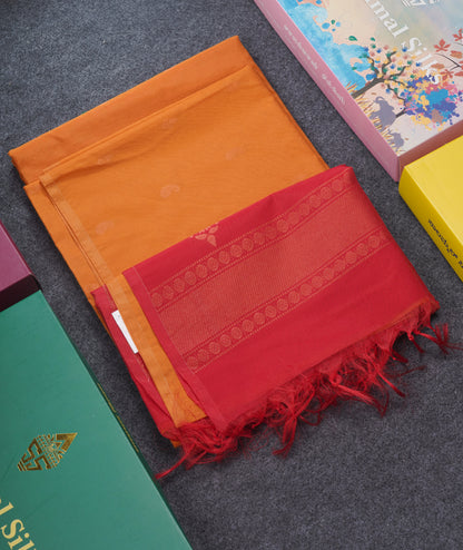 Beautiful Mustard Yellow SICO Cotton Saree With Contrast Red Blouse