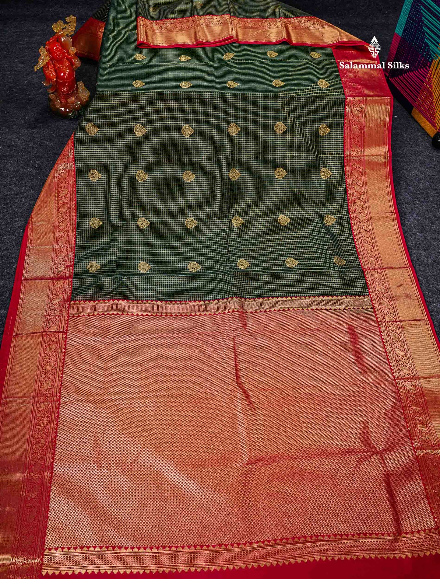 Semi Silk Saree - Bottle Green Butta With Small Checks Along With Contrast Redish Pink Traditional Border