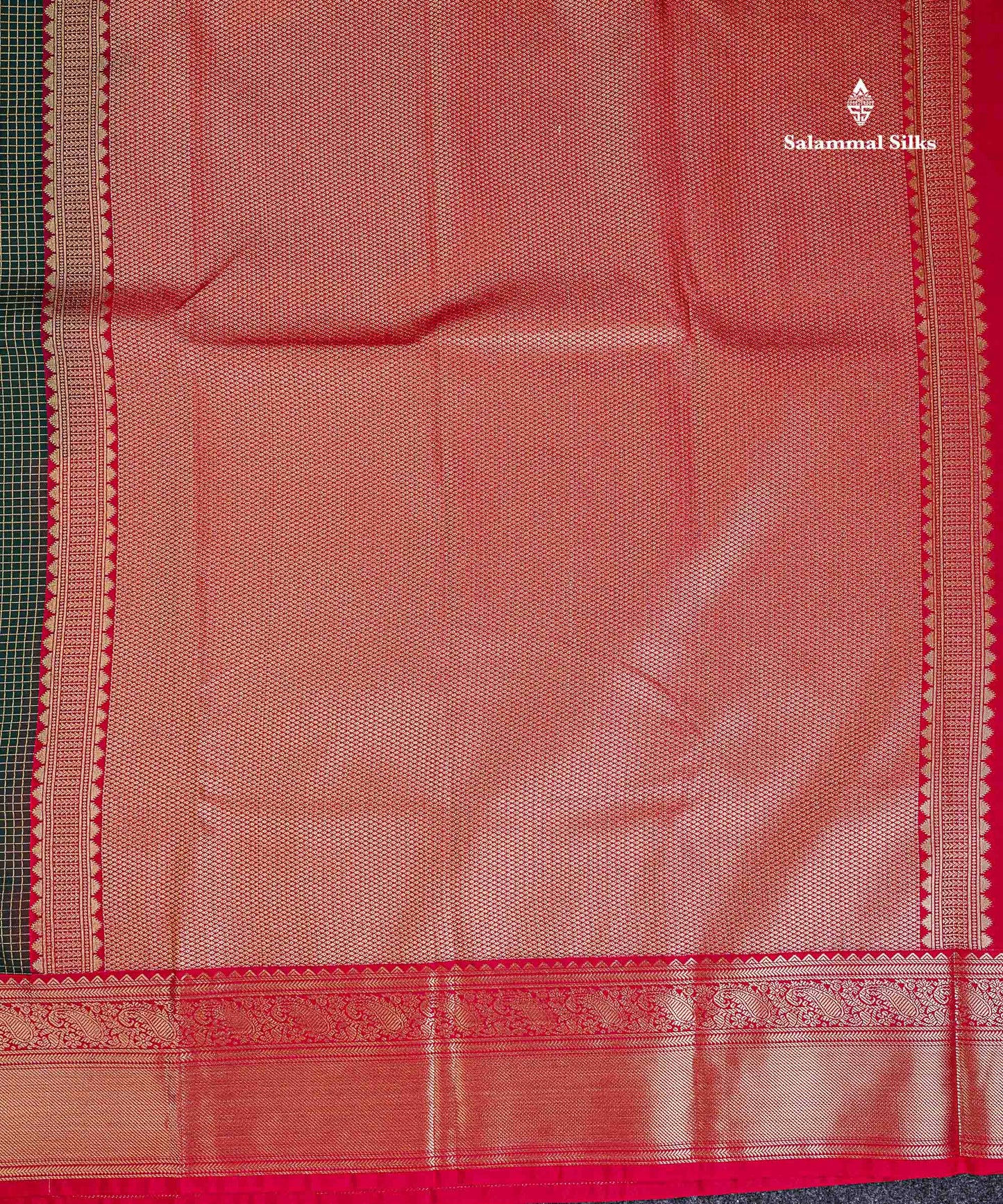 Semi Silk Saree - Bottle Green Butta With Small Checks Along With Contrast Redish Pink Traditional Border