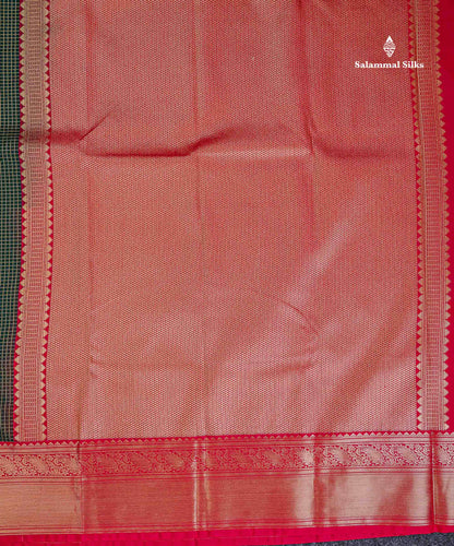 Semi Silk Saree - Bottle Green Butta With Small Checks Along With Contrast Redish Pink Traditional Border
