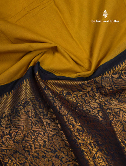 Beautiful Manthulir Yellow Plain Sungudi Cotton Saree With Contrast Black Long Border