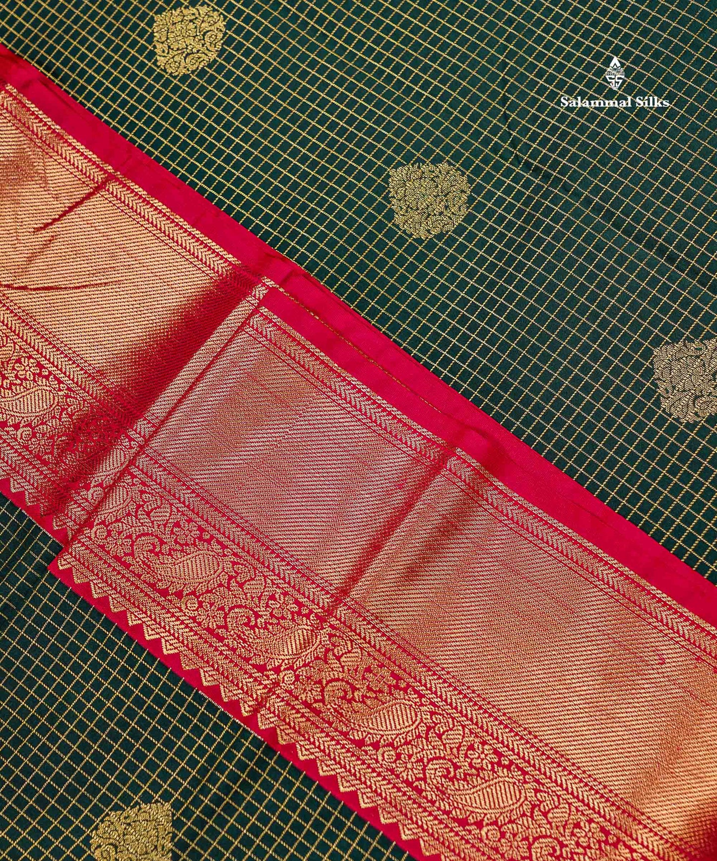 Semi Silk Saree - Bottle Green Butta With Small Checks Along With Contrast Redish Pink Traditional Border
