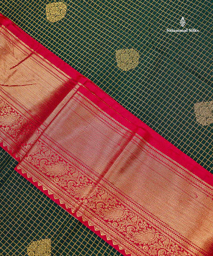 Semi Silk Saree - Bottle Green Butta With Small Checks Along With Contrast Redish Pink Traditional Border