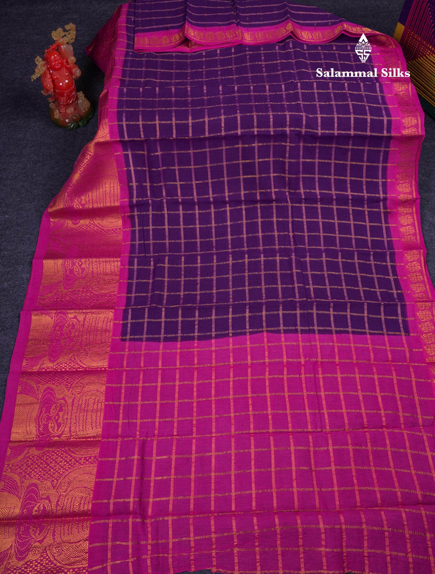 Beautiful Purple Pure Cotton Saree With Contrast Magenta Pink Traditional Kathakali Design Border