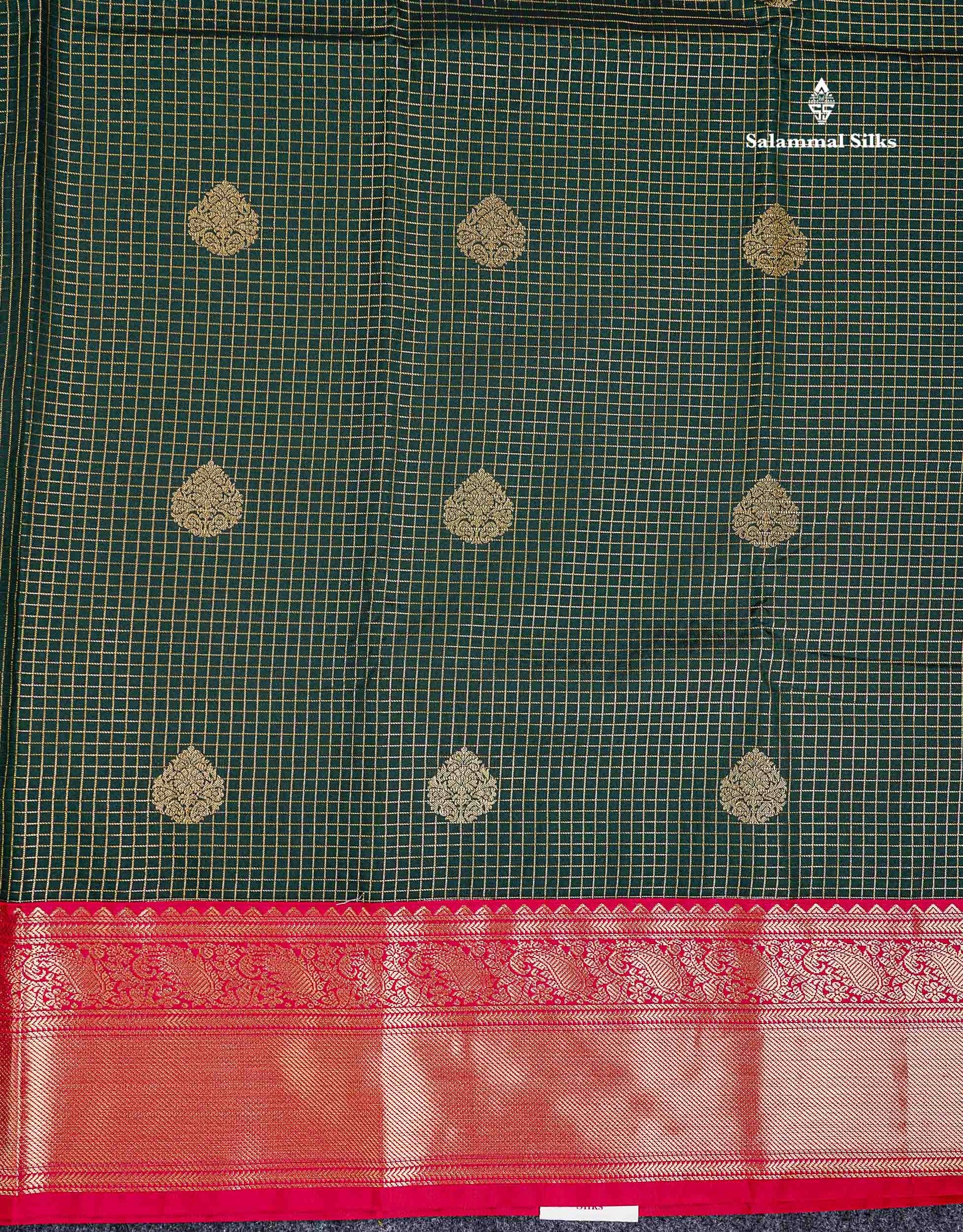 Semi Silk Saree - Bottle Green Butta With Small Checks Along With Contrast Redish Pink Traditional Border