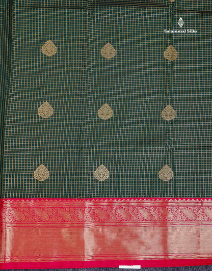 Semi Silk Saree - Bottle Green Butta With Small Checks Along With Contrast Redish Pink Traditional Border