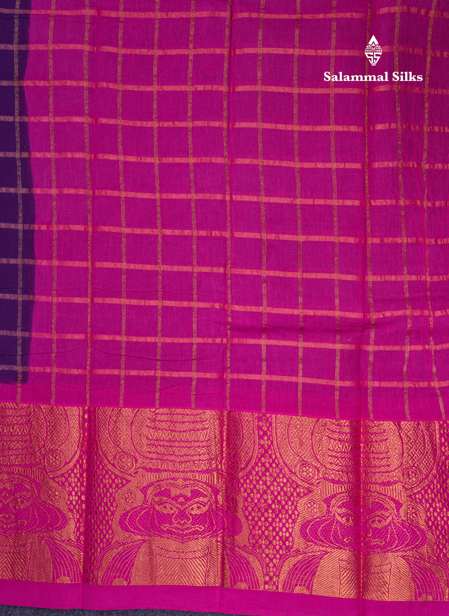 Beautiful Purple Pure Cotton Saree With Contrast Magenta Pink Traditional Kathakali Design Border