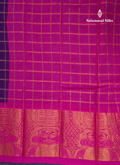 Beautiful Purple Pure Cotton Saree With Contrast Magenta Pink Traditional Kathakali Design Border