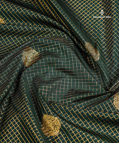 Semi Silk Saree - Bottle Green Butta With Small Checks Along With Contrast Redish Pink Traditional Border