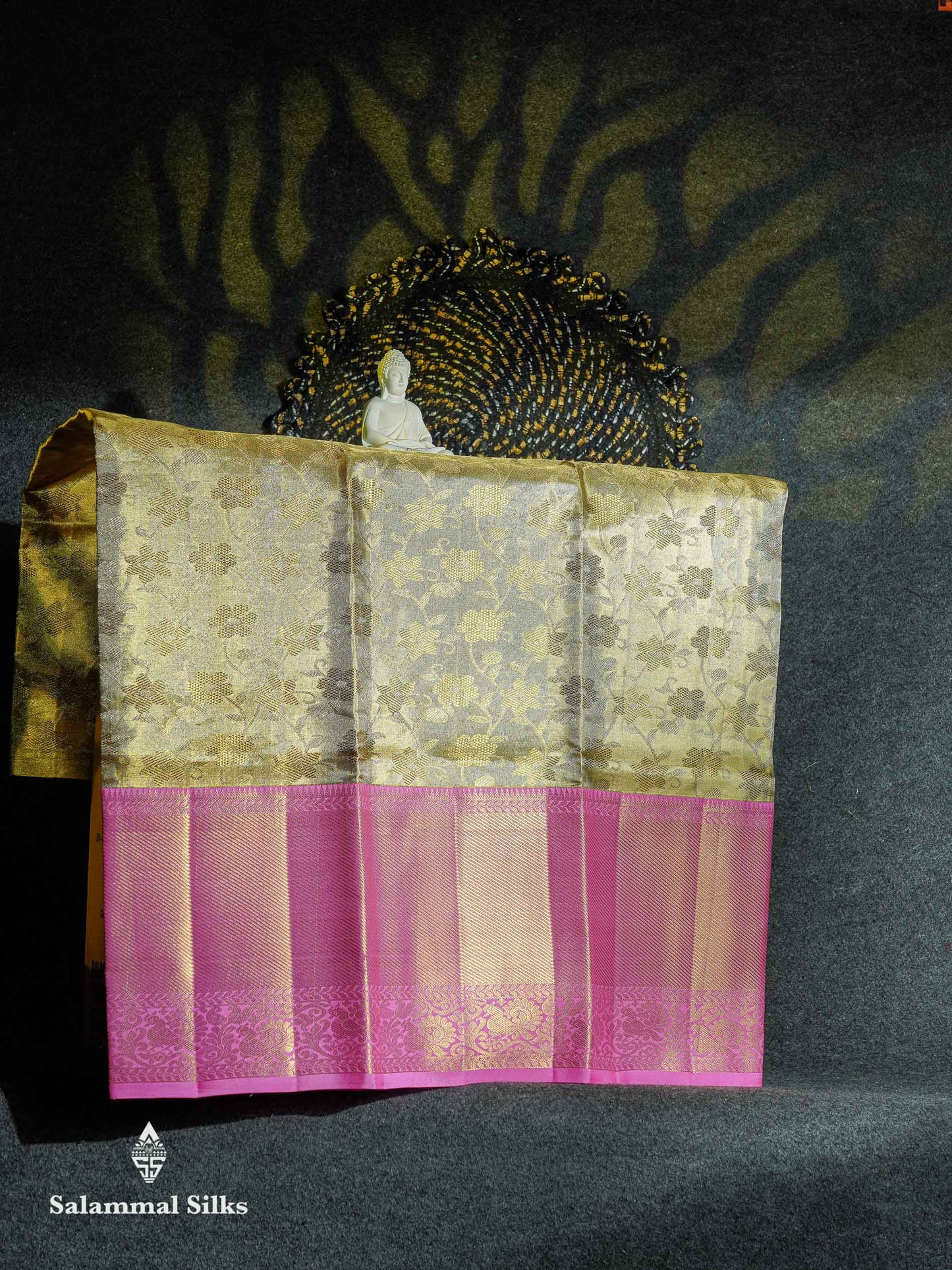 Beautiful Pure Silk Pattu Pavadai Tissue (Gold) With Contrast Light Pink Blouse 45"