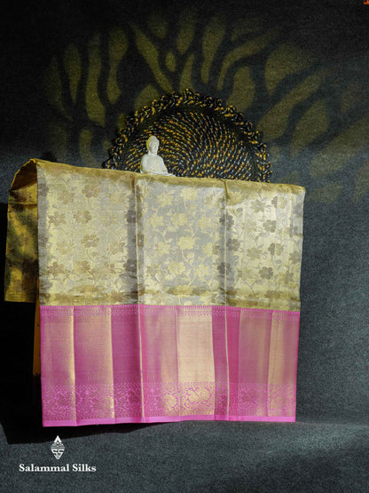 Beautiful Pure Silk Pattu Pavadai Tissue (Gold) With Contrast Light Pink Blouse 45"