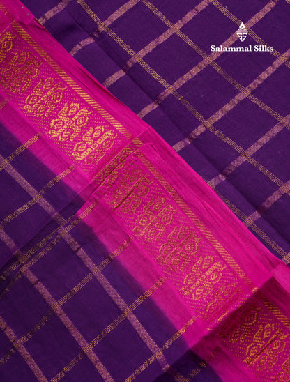 Beautiful Purple Pure Cotton Saree With Contrast Magenta Pink Traditional Kathakali Design Border