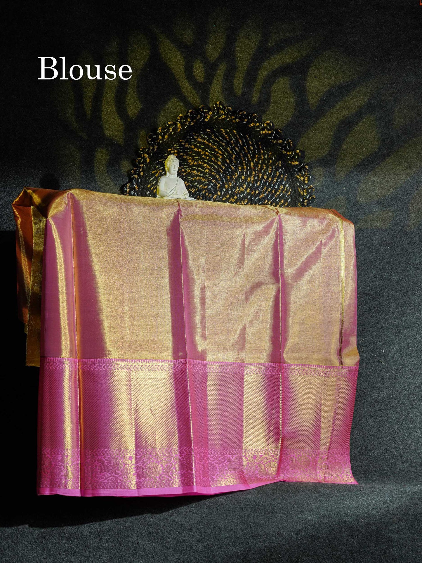 Beautiful Pure Silk Pattu Pavadai Tissue (Gold) With Contrast Light Pink Blouse 45"