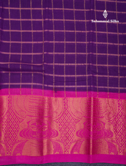 Beautiful Purple Pure Cotton Saree With Contrast Magenta Pink Traditional Kathakali Design Border
