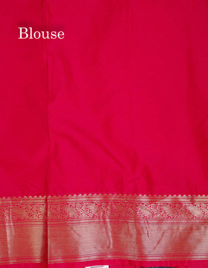 Semi Silk Saree - Bottle Green Butta With Small Checks Along With Contrast Redish Pink Traditional Border