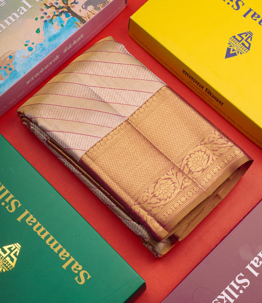 Beautiful Gold & Red Tissue Bridal Pure Kanjivaram Silk Saree With Contrast Brown Broder