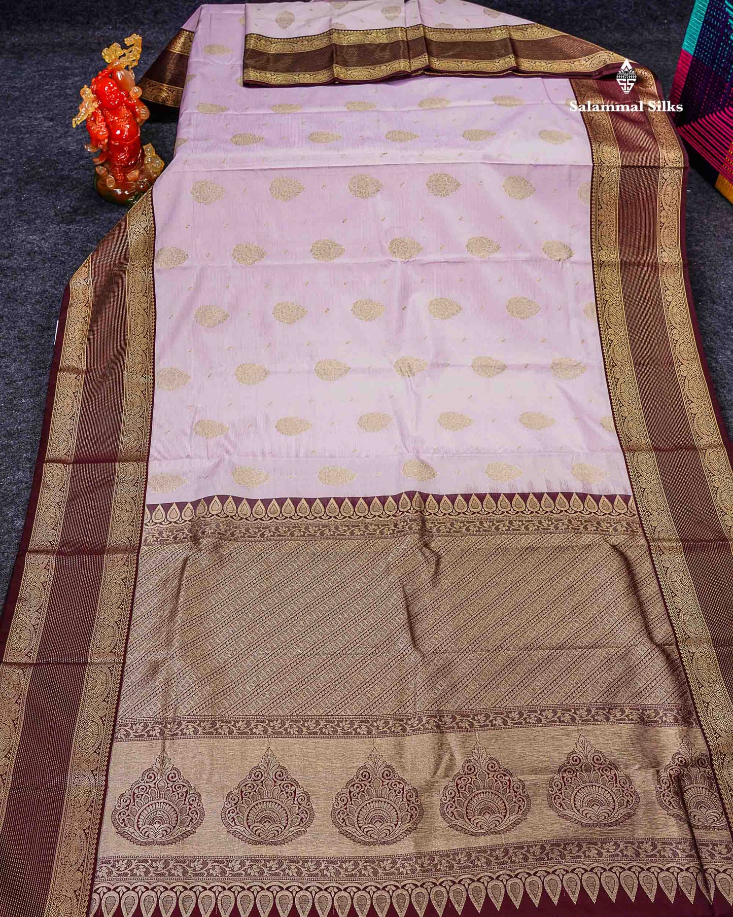 Semi Silk Saree - Pastel Lavender Vaira Oosi Lines With Butta Along With Contrast Dark Brown Traditional Border