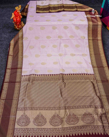 Semi Silk Saree - Pastel Lavender Vaira Oosi Lines With Butta Along With Contrast Dark Brown Traditional Border