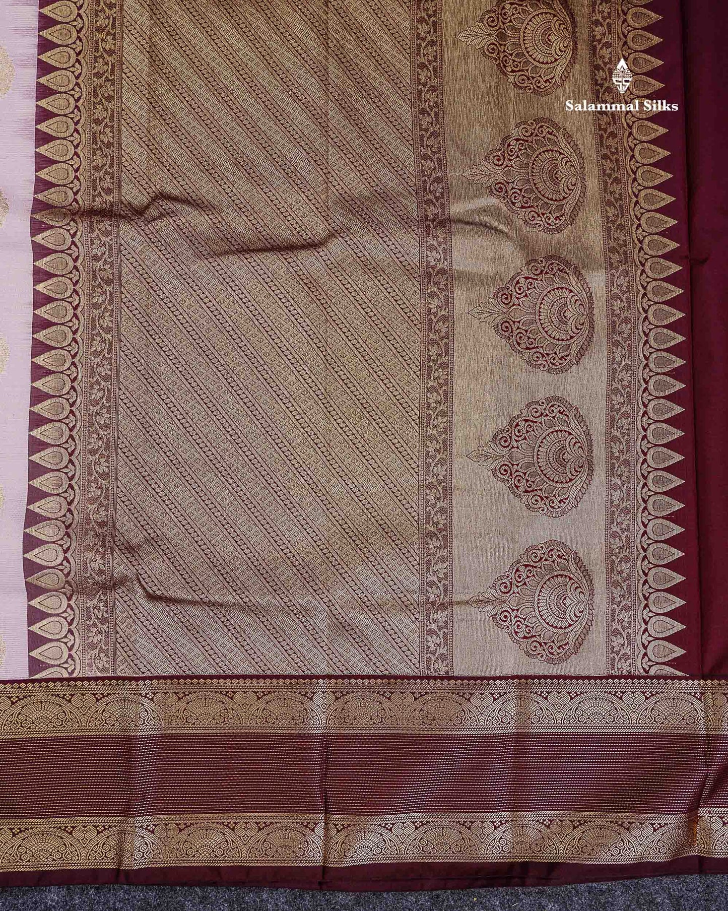 Semi Silk Saree - Pastel Lavender Vaira Oosi Lines With Butta Along With Contrast Dark Brown Traditional Border