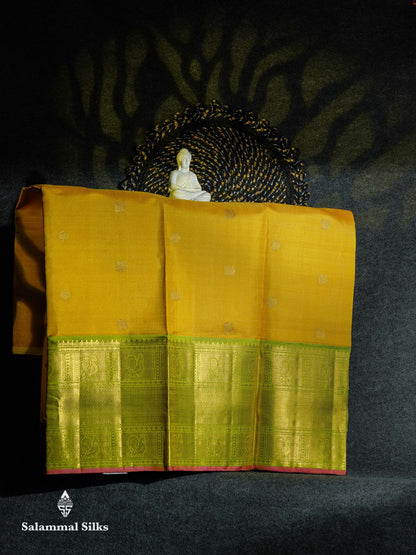 Beautiful Pure Silk Pattu Pavadai Vaira Oosi Lines (Yellow) With Contrast Parrot Green Blouse 44"