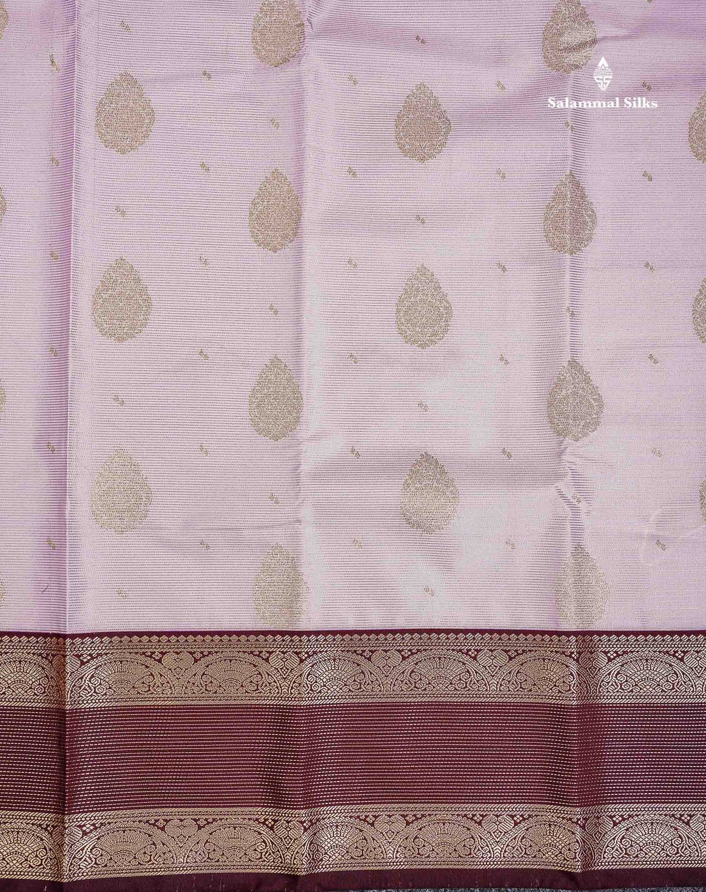 Semi Silk Saree - Pastel Lavender Vaira Oosi Lines With Butta Along With Contrast Dark Brown Traditional Border