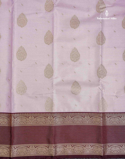 Semi Silk Saree - Pastel Lavender Vaira Oosi Lines With Butta Along With Contrast Dark Brown Traditional Border