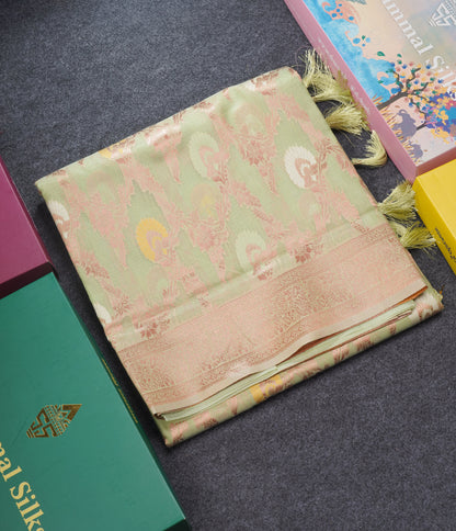 Light Green Meenakari Work Cotton Mix Saree With Self Blouse