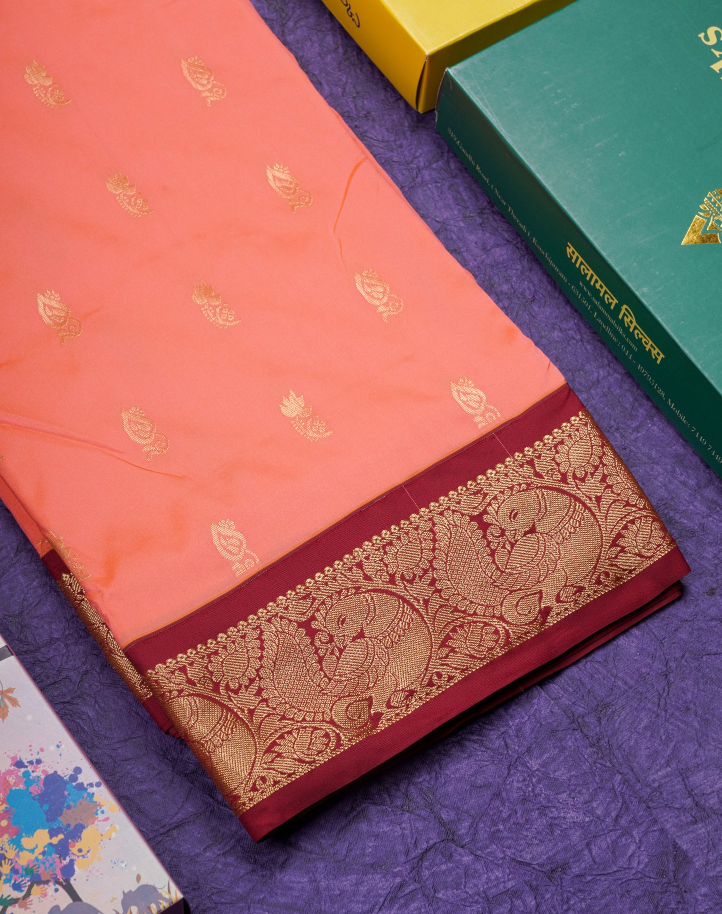9 Yards Semi Silk Saree Pinkish Peach With Contrast Maroon Border